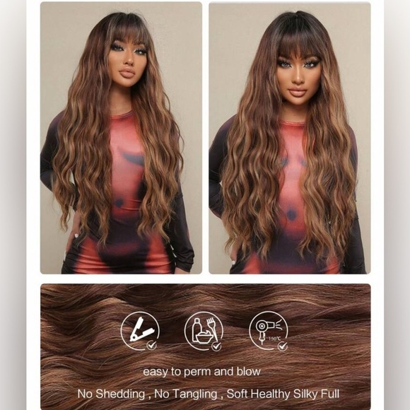 33 Inch Ombre Brown & Blonde wig with highlights with bangs - Picture 7 of 14